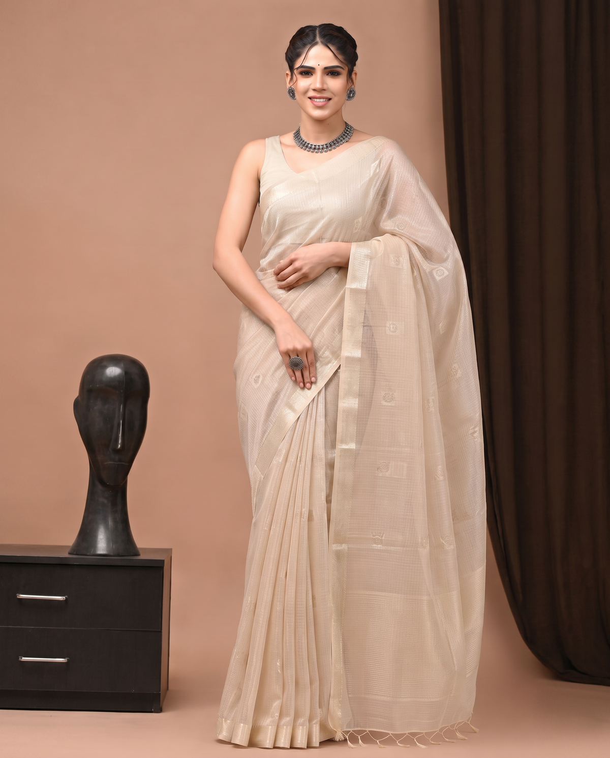 Beige Cotton Fancy Zari Stripe Saree