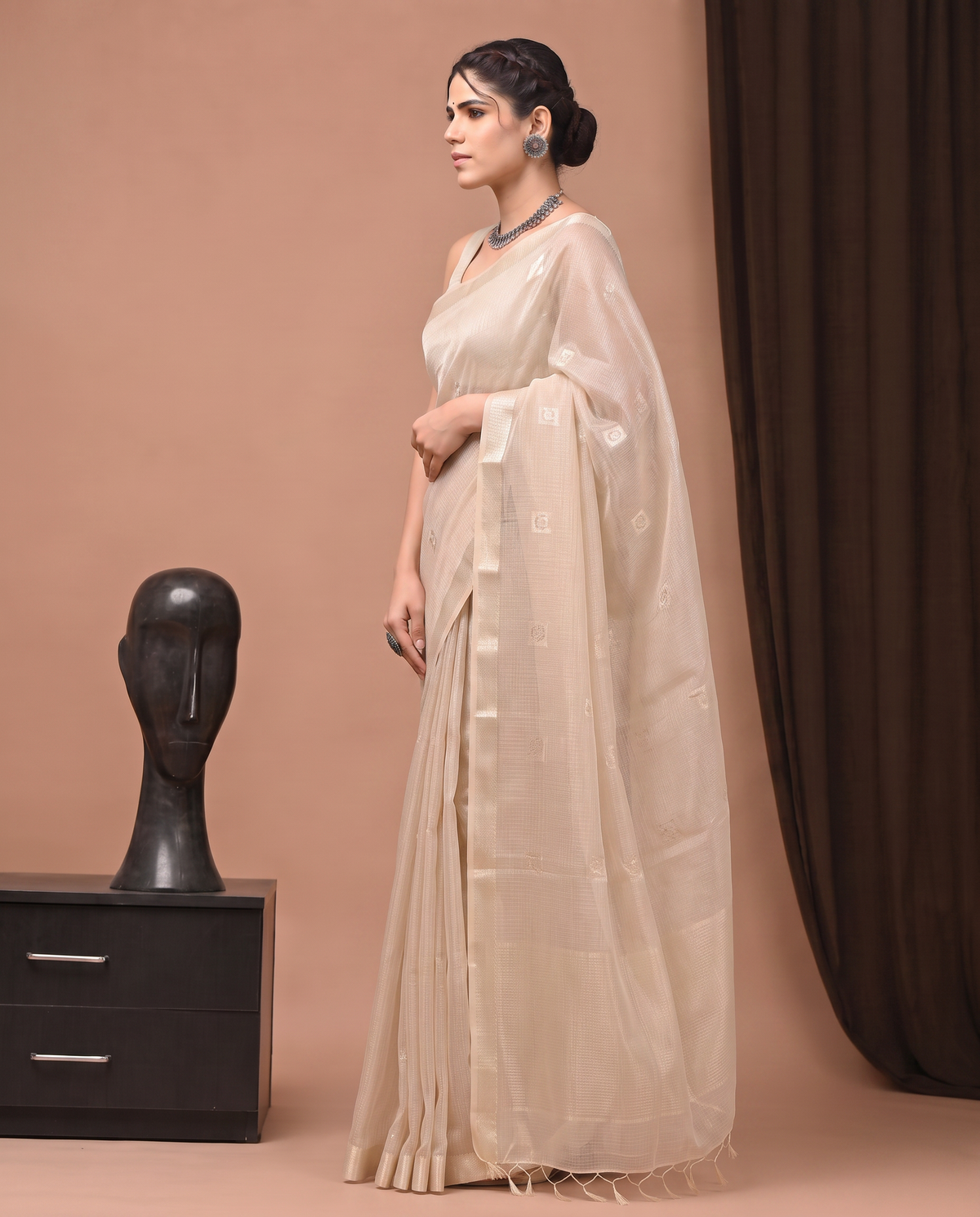 Beige Cotton Fancy Zari Stripe Saree