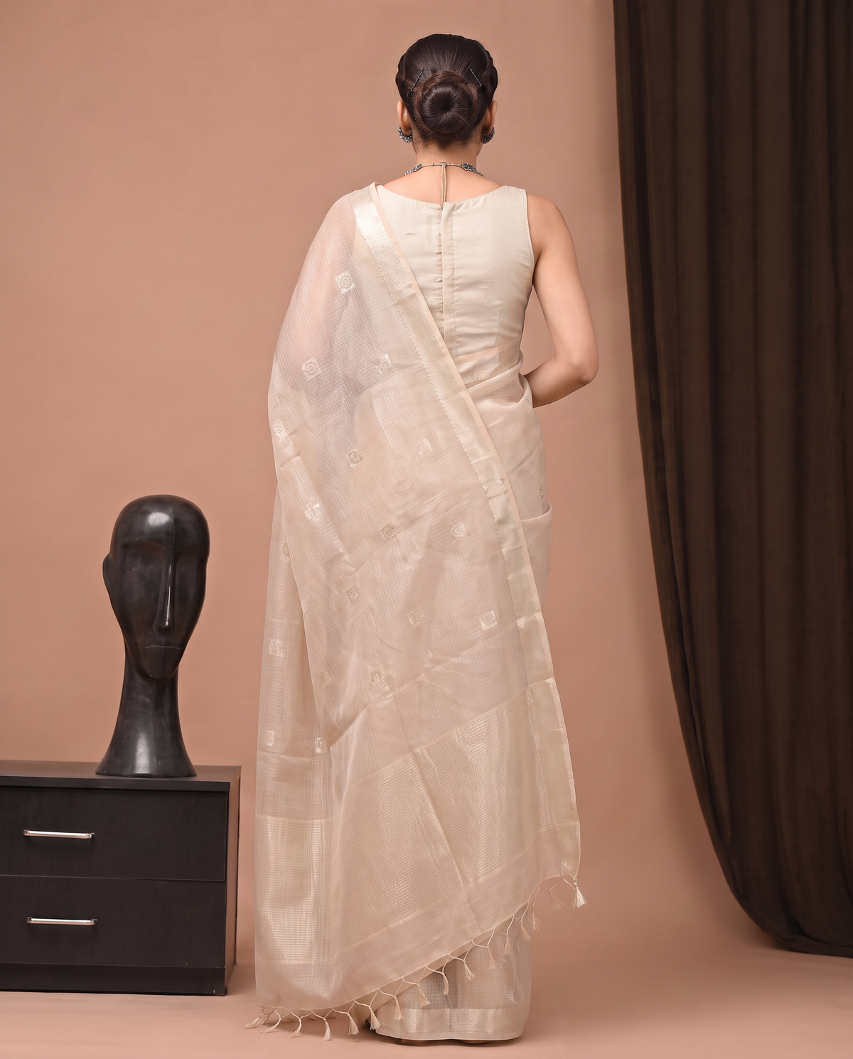 Beige Cotton Fancy Zari Stripe Saree