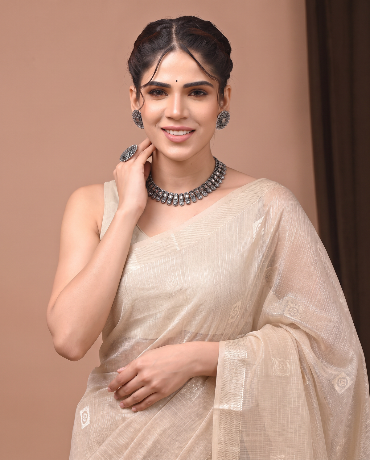 Beige Cotton Fancy Zari Stripe Saree