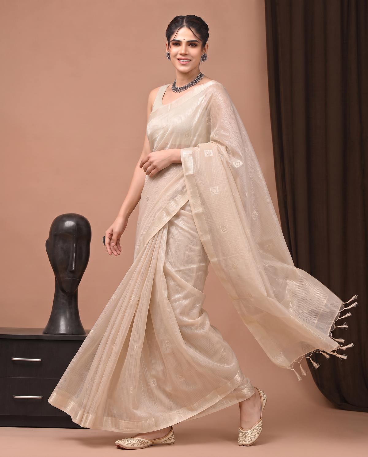 Beige Cotton Fancy Zari Stripe Saree