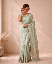 Pista Green Cotton Fancy Zari Stripe Saree