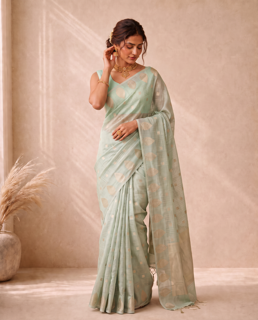 Pista Green Cotton Fancy Zari Stripe Saree