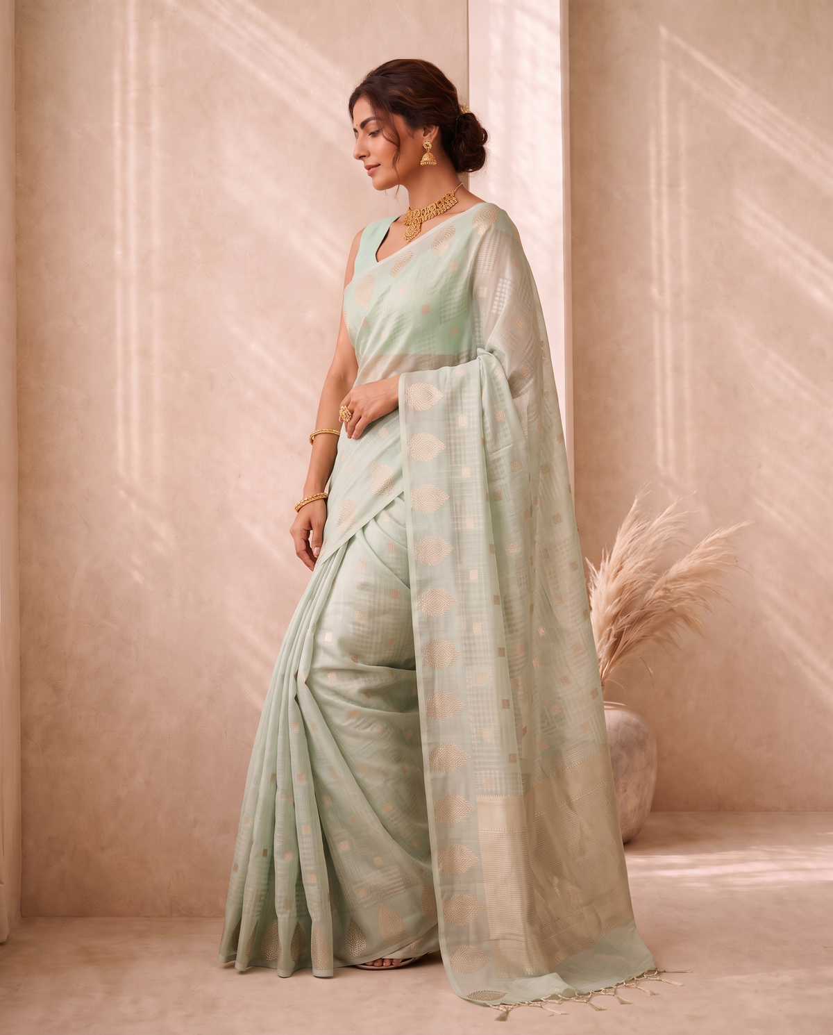 Pista Green Cotton Fancy Zari Stripe Saree
