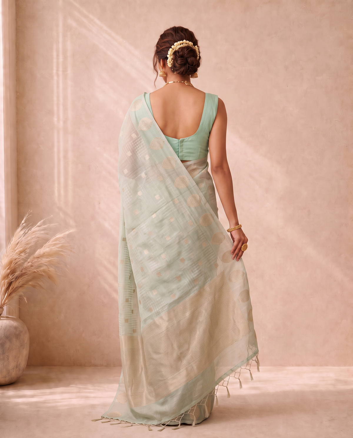 Pista Green Cotton Fancy Zari Stripe Saree