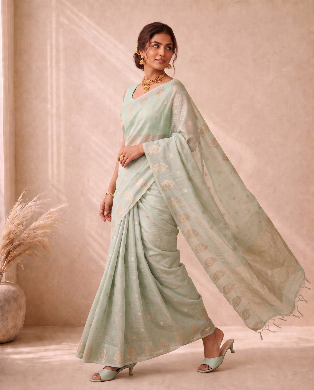 Pista Green Cotton Fancy Zari Stripe Saree