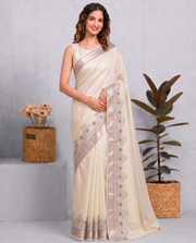 Cream Kota Tissue Weaving Border Embroidered Saree