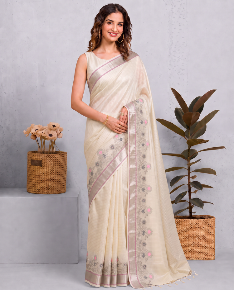 Cream Kota Tissue Weaving Border Embroidered Saree