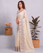 Cream Kota Tissue Weaving Border Embroidered Saree