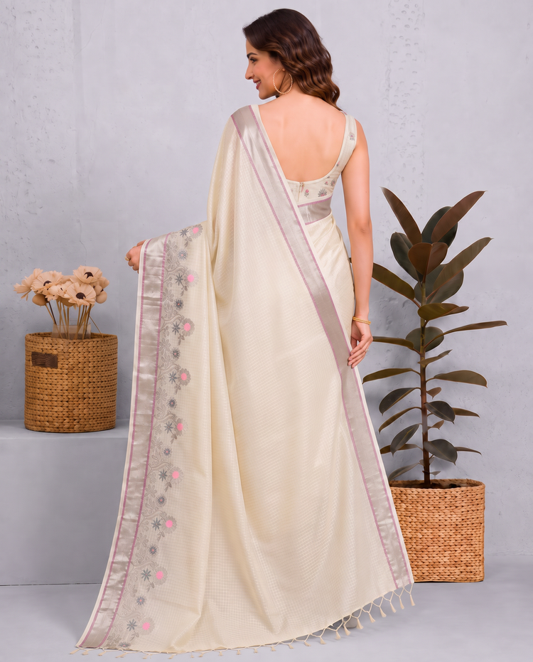 Cream Kota Tissue Weaving Border Embroidered Saree
