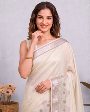 Cream Kota Tissue Weaving Border Embroidered Saree