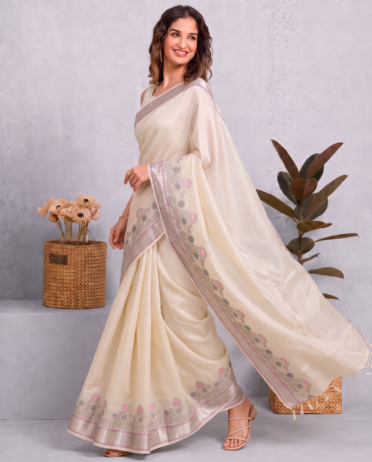 Cream Kota Tissue Weaving Border Embroidered Saree