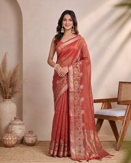Deep Maroon Kota Tissue Weaving Border Saree