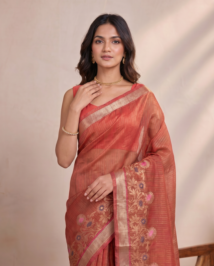Deep Maroon Kota Tissue Weaving Border Saree