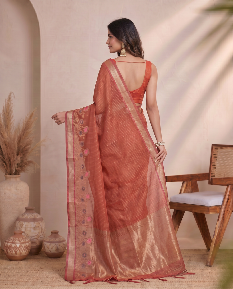 Deep Maroon Kota Tissue Weaving Border Saree