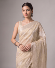 Khaki Beige Cotton Weaving Saree with Elegant Silver Woven Floral Design