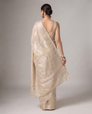 Khaki Beige Cotton Weaving Saree with Elegant Silver Woven Floral Design