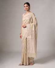 Khaki Beige Cotton Weaving Saree with Elegant Silver Woven Floral Design