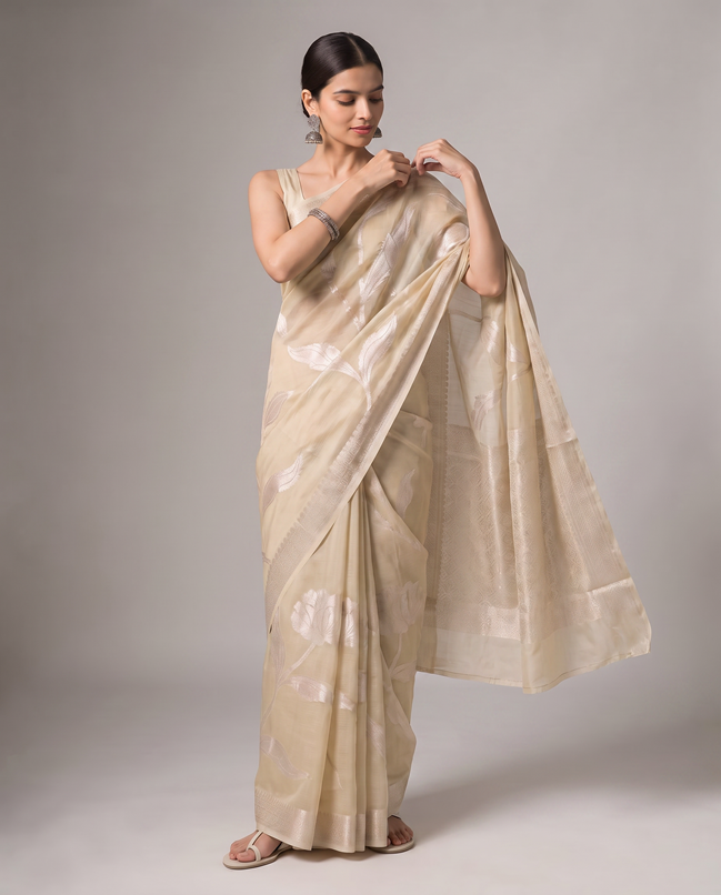Khaki Beige Cotton Weaving Saree with Elegant Silver Woven Floral Design