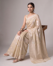 Khaki Beige Cotton Weaving Saree with Elegant Silver Woven Floral Design