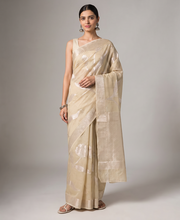 Khaki Beige Cotton Weaving Saree with Elegant Silver Woven Floral Design