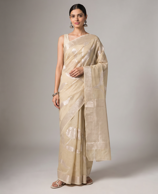 Khaki Beige Cotton Weaving Saree with Elegant Silver Woven Floral Design