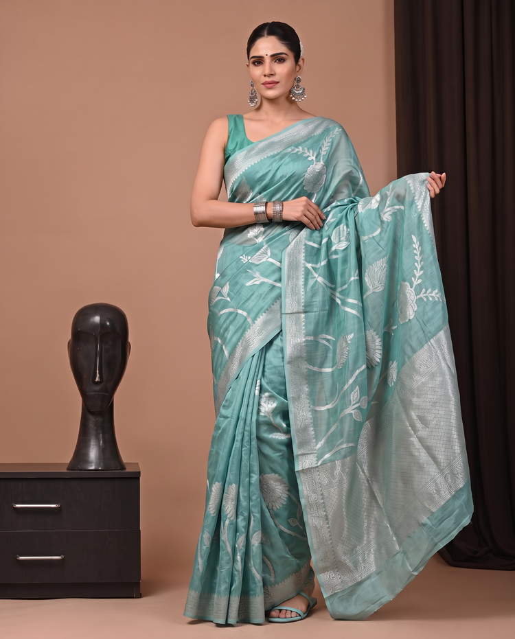 Sea Green Cotton Weaving Saree with Elegant Silver Woven Floral Design