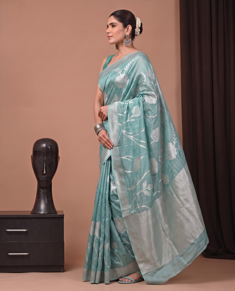 Sea Green Cotton Weaving Saree with Elegant Silver Woven Floral Design