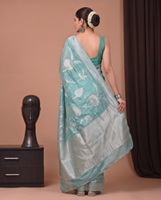 Sea Green Cotton Weaving Saree with Elegant Silver Woven Floral Design