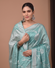 Sea Green Cotton Weaving Saree with Elegant Silver Woven Floral Design