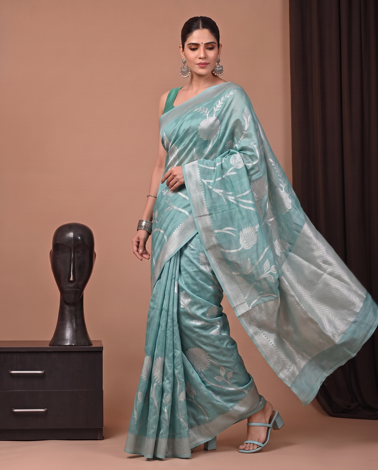 Sea Green Cotton Weaving Saree with Elegant Silver Woven Floral Design