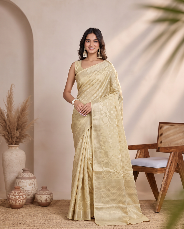 Lemon Yellow Chanderi Cotton Zari Butti Saree