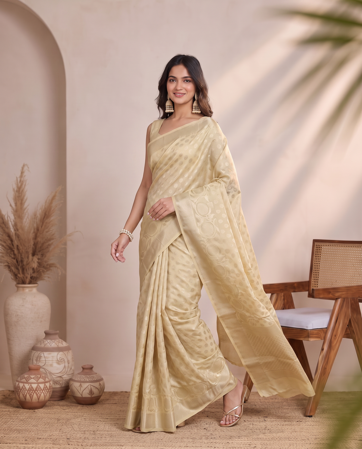 Lemon Yellow Chanderi Cotton Zari Butti Saree