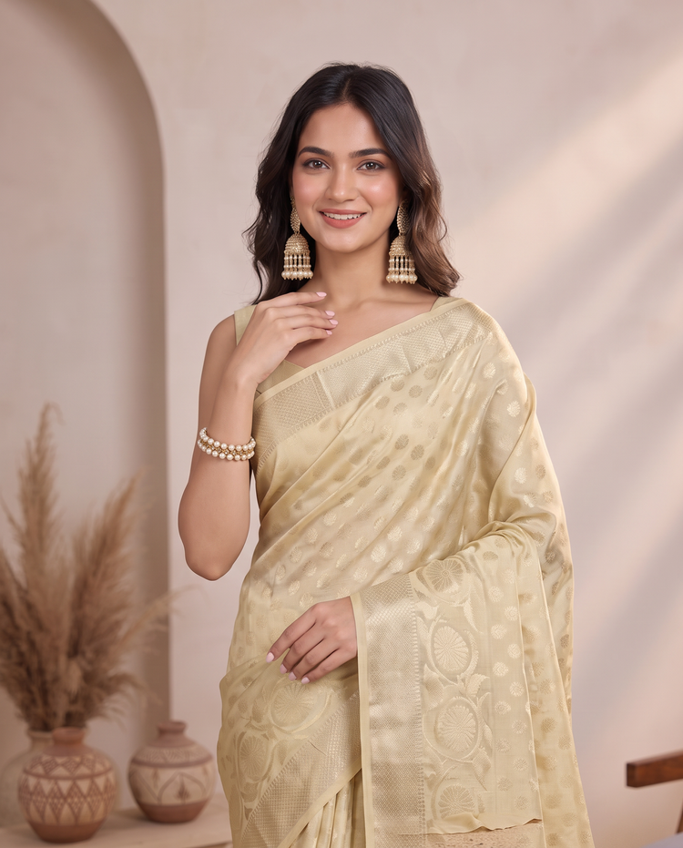 Lemon Yellow Chanderi Cotton Zari Butti Saree