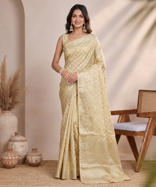 Lemon Yellow Chanderi Cotton Zari Butti Saree