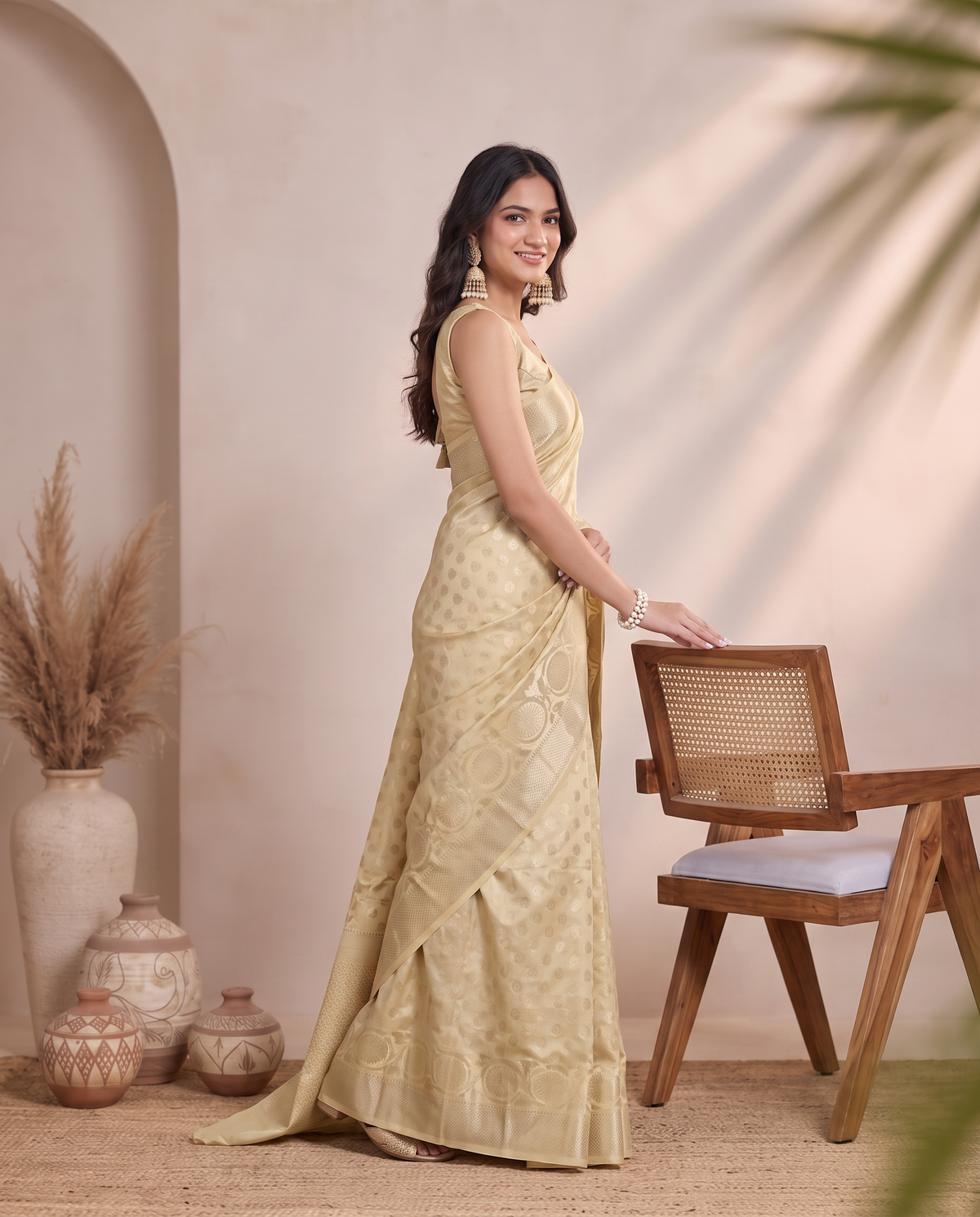 Lemon Yellow Chanderi Cotton Zari Butti Saree
