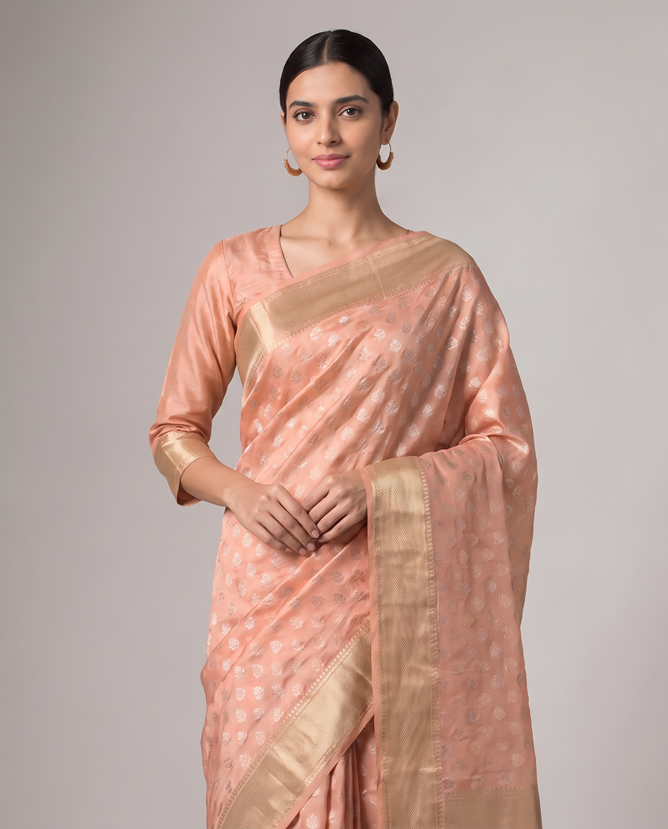Peach Chanderi Cotton Zari Butti Saree