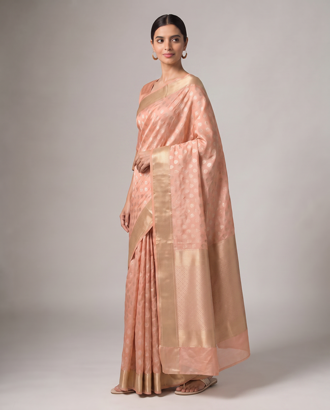 Peach Chanderi Cotton Zari Butti Saree