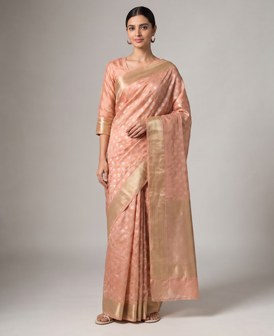 Peach Chanderi Cotton Zari Butti Saree