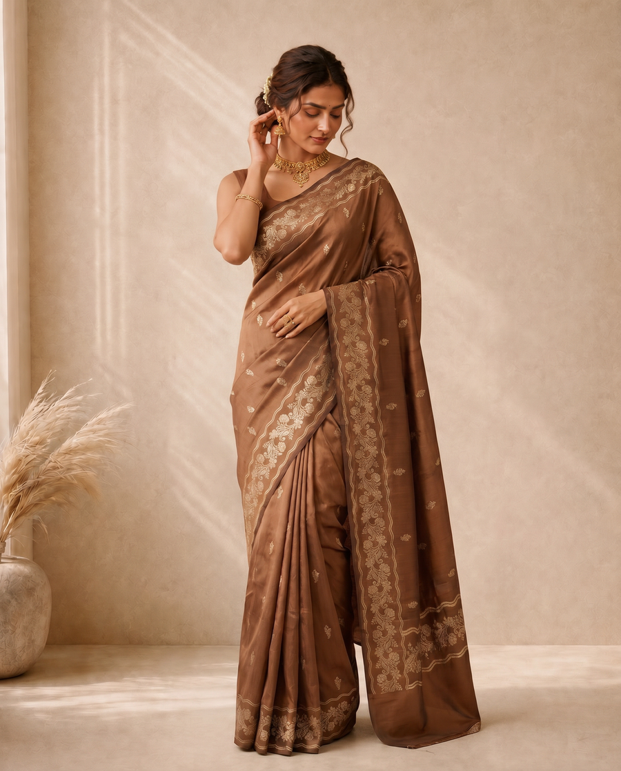 Brown Katan Silk Fancy Butti Design Saree