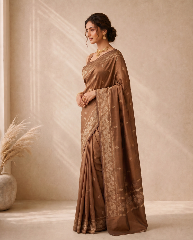 Brown Katan Silk Fancy Butti Design Saree