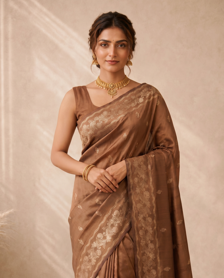 Brown Katan Silk Fancy Butti Design Saree