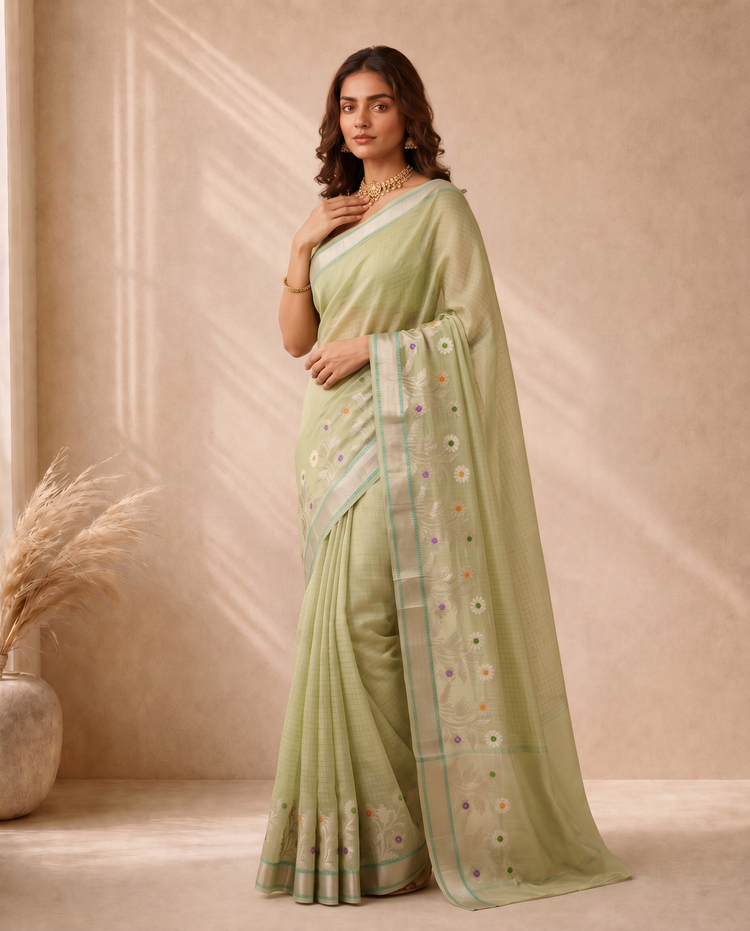 Light Pista Green Kota Tissue Weaving Border Saree