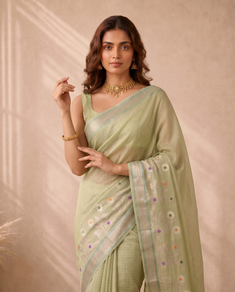 Light Pista Green Kota Tissue Weaving Border Saree