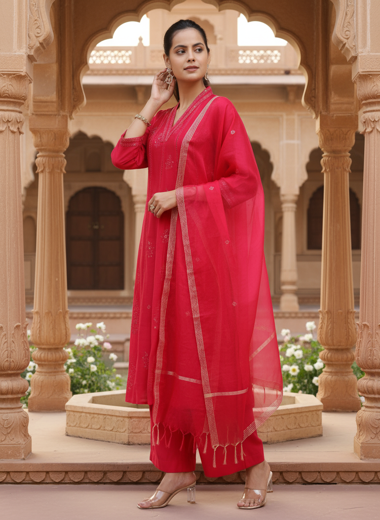 Pink PolySilk Embroidered A Line Kurta Pant and Dupatta Suit Set