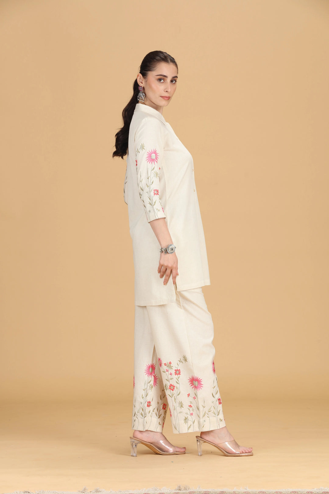 Cream Cotton Flex Embroidered Straight Kurta Pant Co ord Set