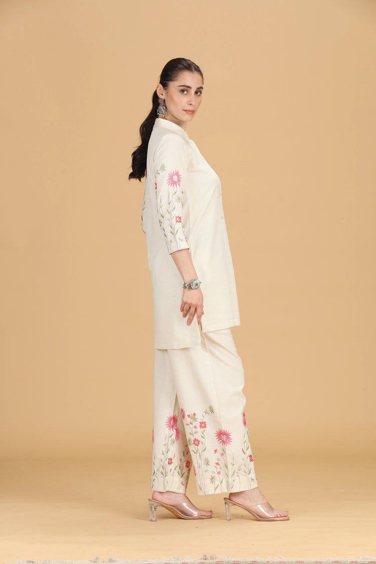Cream Cotton Flex Embroidered Straight Kurta Pant Co ord Set