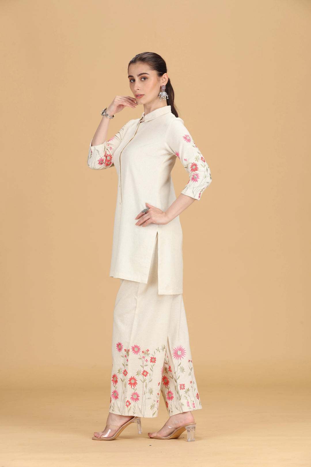 Cream Cotton Flex Embroidered Straight Kurta Pant Co ord Set