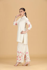 Cream Cotton Flex Embroidered Straight Kurta Pant Co ord Set