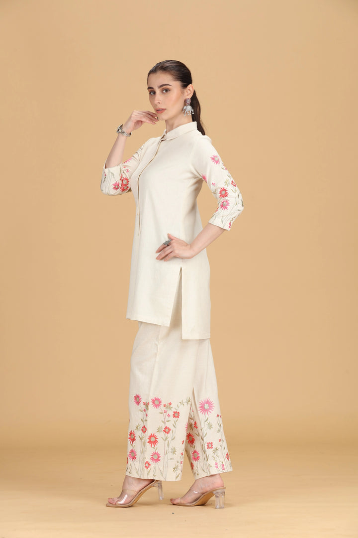 Cream Cotton Flex Embroidered Straight Kurta Pant Co ord Set